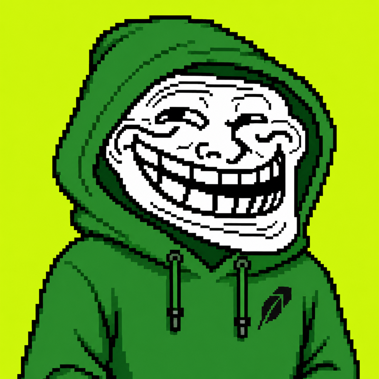 Trollface wearing a green hood